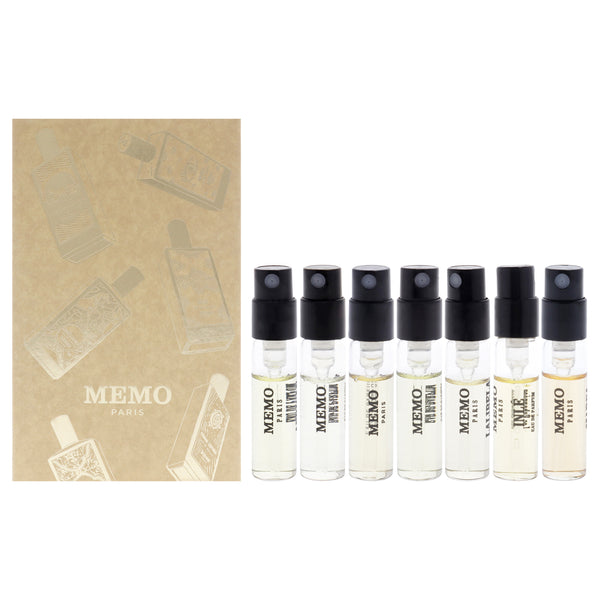 Discovery Set by Memo Paris for Unisex - 7 Pc Gift Set 0.05 oz African Leather EDP Spray , 0.5oz Iberian Leather EDP Spray , 0.5oz French Leather EDP Spray , 0.5oz Marfa EDP Spray , 0.5oz Irish Leather EDP Spray , 0.5oz Lalibela EDP Spray, 0.5oz Inle EDP