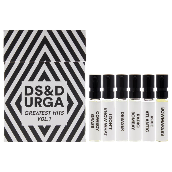 Greatest Hits Vol 1 by DS & Durga for Unisex - 6 Pc Mini Gift Set 0.05oz I Dont Know What EDP Spray, 0.05oz Debaser EDP Spray, 0.05oz Rose Atlantic EDP Spray, 0.05oz Radio Bombay EDP Spray, 0.05oz Cowboy Grass EDP Spray, 0.05oz Bowmakers EDP Spray