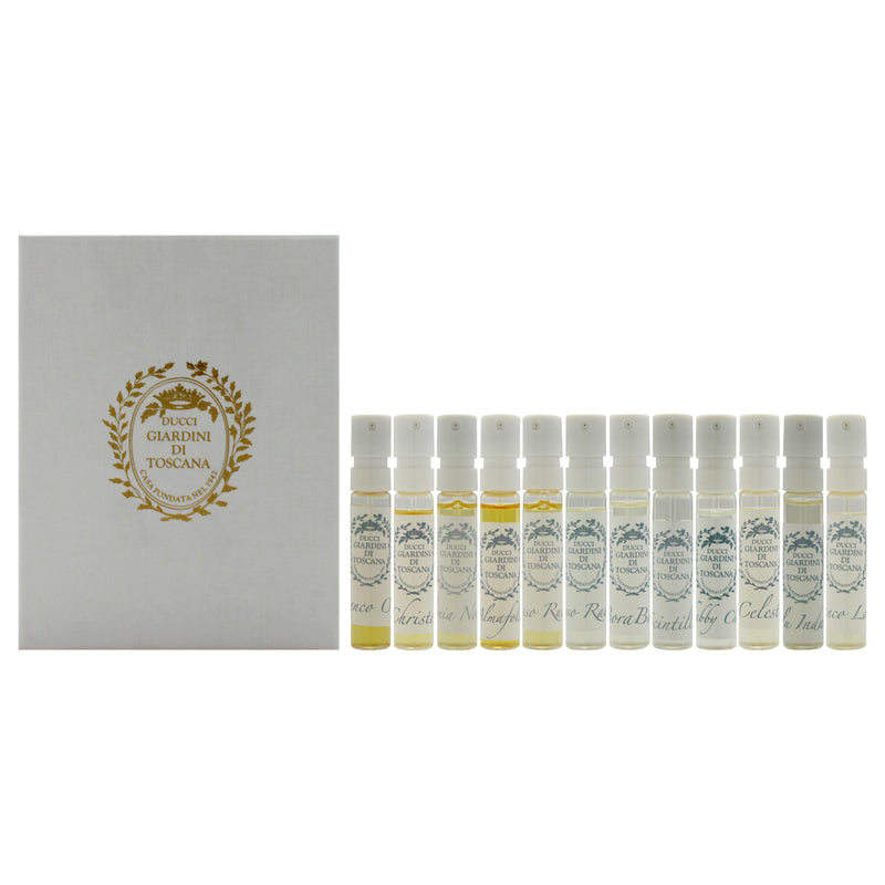 Discovery Set by Giardini Di Toscana for Unisex - 12 Pc Mini Gift Set 0.06oz Almafolia EDP Spray, 0.06oz Bianco Latte EDP Spray, 0.06oz Bianco Oro EDP Spray, 0.06oz Blu Indaco EDP Spray, 0.06oz Borabora EDP Spray, 0.06oz Celeste EDP Spray, 0.06oz Christo