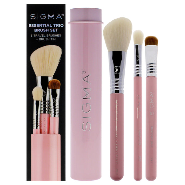 Essential Brush Set - Pink by SIGMA for Women - 4 Pc Eye Shading Brush - E55, Large Angled Contour Brush - F40, Blending Brush - E25, Brush Tin