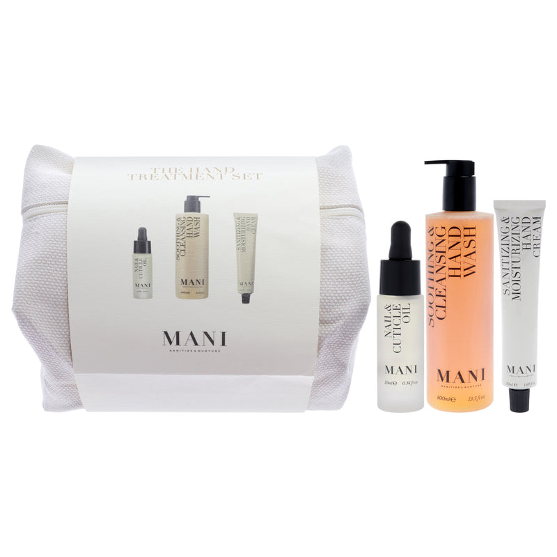 Hand Treatment Set by Mani for Women - 3 Pc 13.5oz Soothing and Cleansing Hand Wash, 2.5oz Sanitizing Moisturizing Hand Cream, 0.34oz Nail and Cuticle Oil