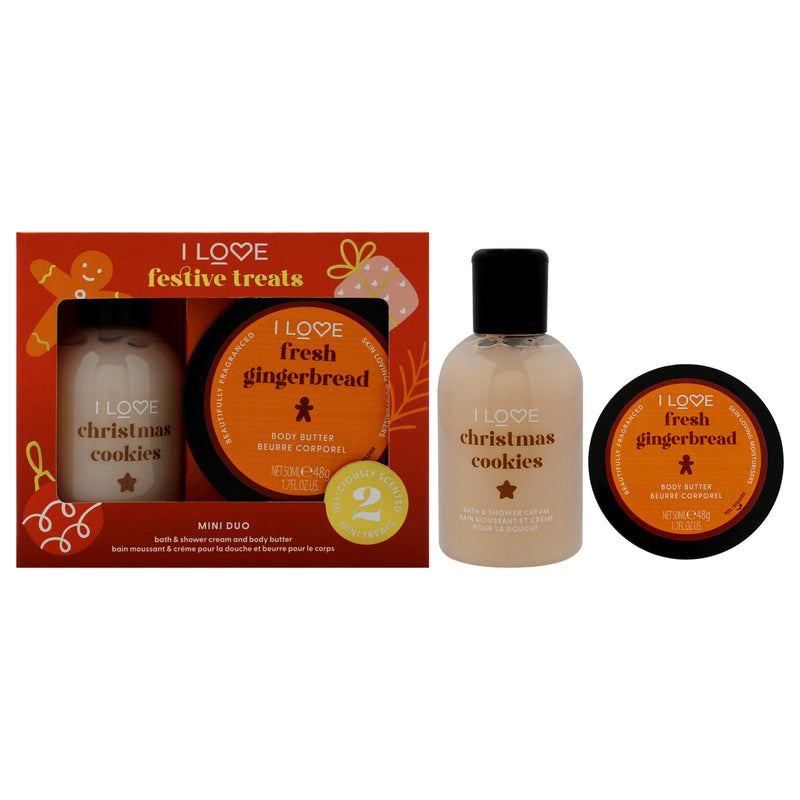 I Love Festive Treat Mini Duo by I Love Cosmetics for Unisex - 2 Pc 3.3oz Christmas Cookie Bath and Shower Creme, 1.7oz Fresh Gingerbread Body Butter