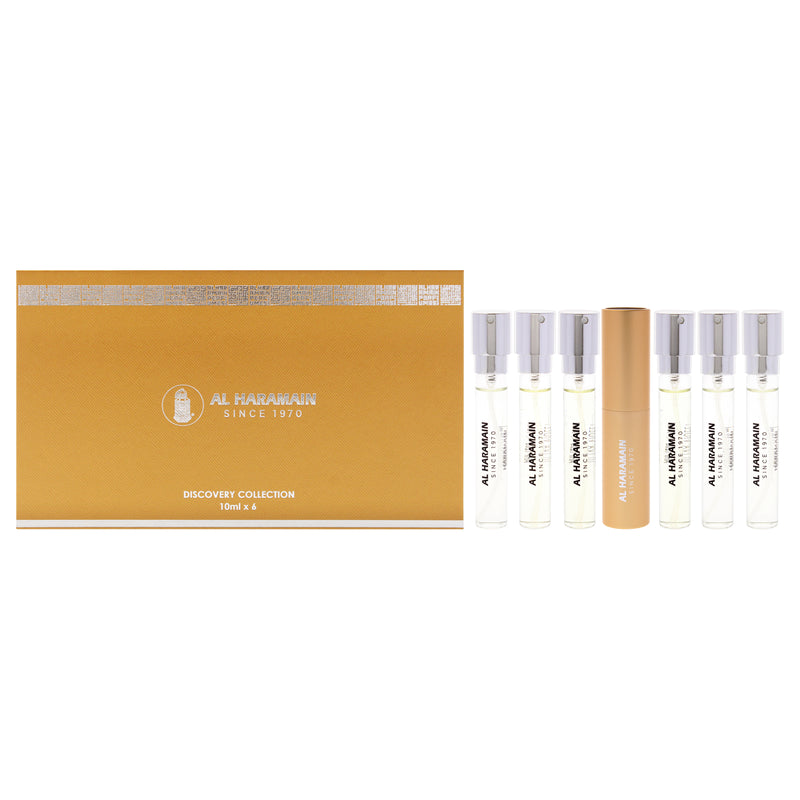 Al Haramain Discovery Collection - Amber Oud by Al Haramain for Unisex - 6 Pc Mini Gift Set 0.33oz Amber Oud - Gold Edition EDP Spray (Mini), 0.33oz Amber Oud - Ultra Violet EDP Spray (Mini), 0.33oz Amber Oud - Ruby Edition EDP Spray (Mini), 0.33oz Amber