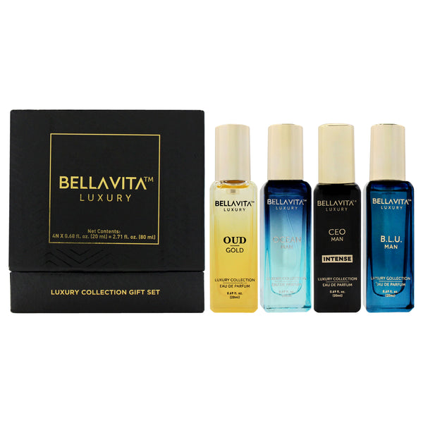Bellavita Luxury Collection Gift Set by Bellavita for Men - 4 Pc Gift Set 0.68oz Ocean EDP Spray, 0.68oz Ceo Intense EDP Spray, 0.68oz Oud Gold EDP Spray, 0.68oz B.l.u EDP Spray