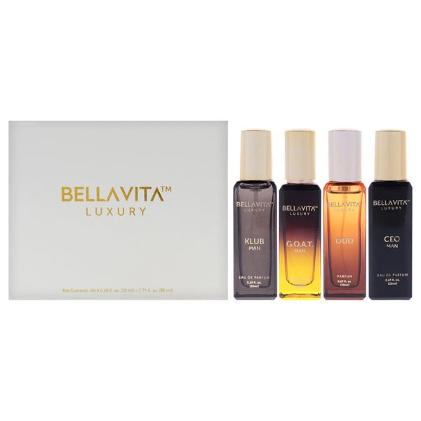 Bellavita Luxury Perfume Gift Set by Bellavita for Men - 4 Pc Gift Set 0.69oz Ceo EDP Spray, 0.69oz Oud Parfum Spray, 0.69oz Klub EDP Spray, 0.69oz G.o.a.t. EDP Spray