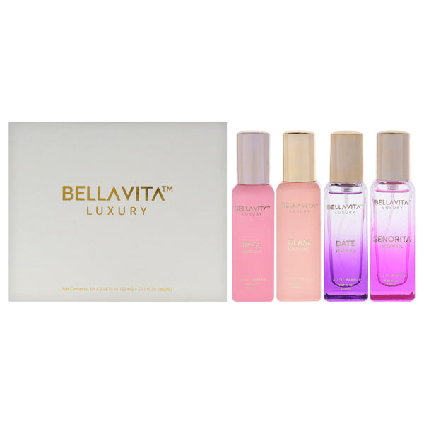 Bellavita Luxury Perfume Gift Set by Bellavita for Women - 4 Pc Gift Set 0.68oz Rose EDP Spray, 0.68oz Glam EDP Spray, 0.68oz Date EDP Spray, 0.68oz Senorita EDP Spray