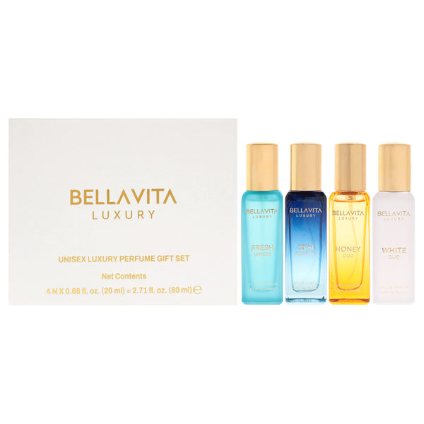 Bellavita Luxury Perfume Gift Set by Bellavita for Unisex - 4 Pc Gift Set 0.68oz Skai Aquatic EDC Spray, 0.68oz Fresh EDT Spray, 0.68oz Honey Oud EDP Spray, 0.68oz White Oud EDP Spray
