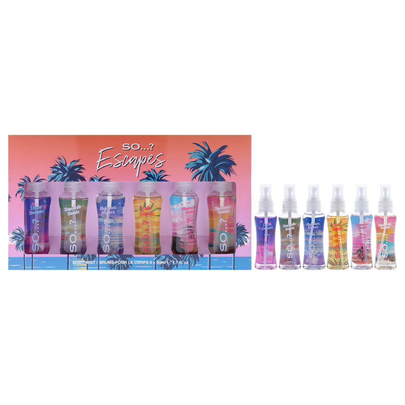 So…? Escapes Body Mist Set by So…? For Women - 6 Pc 1.7oz Body Mist - Ibiza Dreams, 1.7oz Body Mist - Mykonos Night, 1.7oz Body Mist - Bali Breeze, 1.7oz Body Mist - Seychelle Sand, 1.7oz Body Mist - Hawaiin Honey, 1.7oz Body Mist - Santorini Sunset