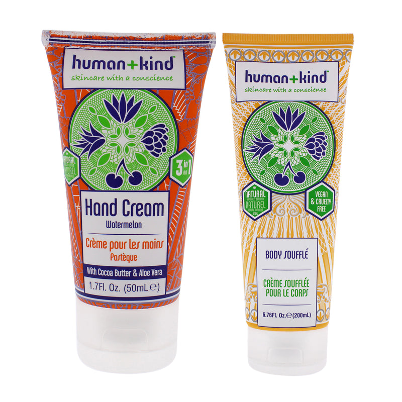 Human+Kind Hand-Elbow-Feet Cream - Watermelon and Body Souffle - Tube Kit by Human+Kind for Unisex - 2 Pc Kit 1.7oz Cream, 6.76oz Body Cream