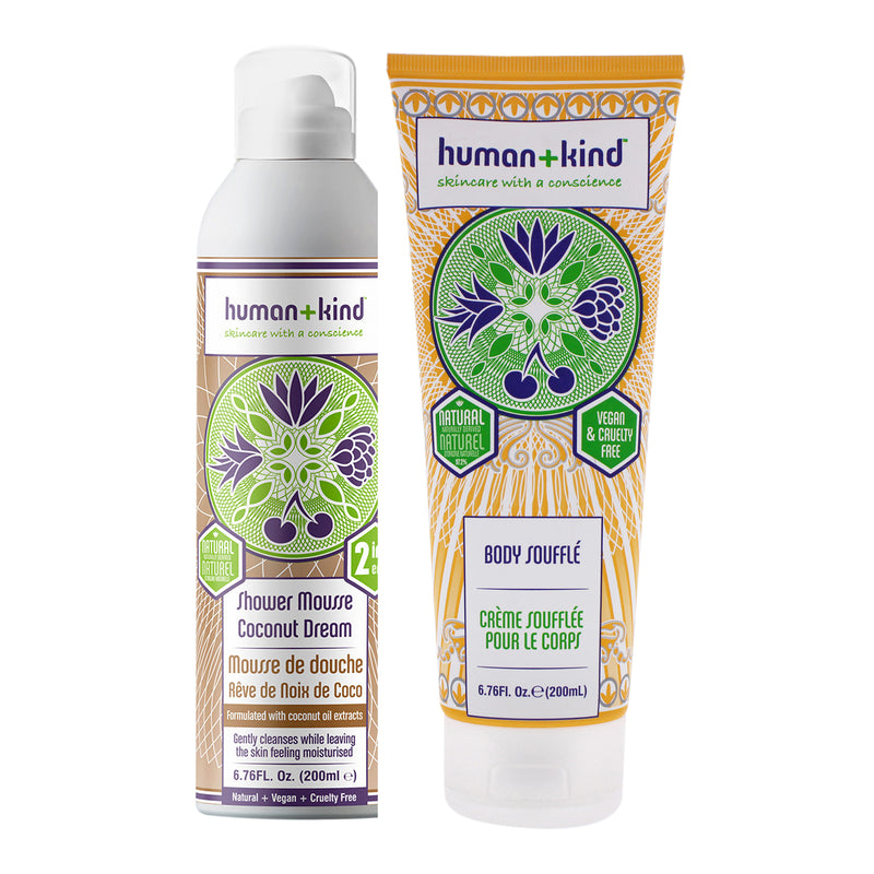 Human+Kind Shower Mousse Bodywash - Coconut Dream and Body Souffle - Tube Kit by Human+Kind for Unisex - 2 Pc Kit 6.76oz Body Wash, 6.76oz Body Cream