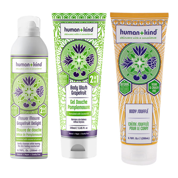 Human+Kind Shower Mousse and Body Wash and Souffle Cream Kit by Human+Kind for Unisex - 3 Pc Kit 6.76oz Shower Mousse Bodywash - Grapefruit Delight, 8.45oz Body Wash - Grapefruit, 6.76oz Body Souffle Cream - Tube