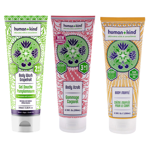 Human+Kind Body Wash - Grapefruit and Scrub and Souffle Cream Kit by Human+Kind for Unisex - 3 Pc Kit 8.45 oz Body Wash , 6.76 oz Scrub, 6.76 oz Body Cream