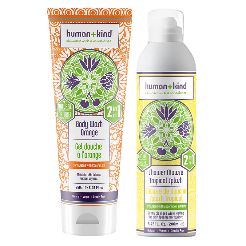 Human+Kind Body Wash by Human+Kind for Unisex - 2 Pc Kit 8.45oz Body Wash - Orange, 6.76oz Shower Mousse Bodywash - Tropical Splash