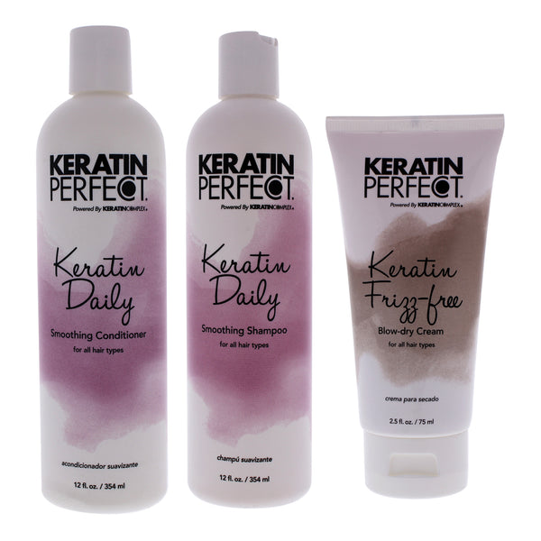 Keratin Perfect Keratin Daily Kit by Keratin Perfect for Unisex - 3 Pc Kit 12oz Shampoo, 12oz Conditioner, 2.5oz Frizz-Free Bow Dry Cream