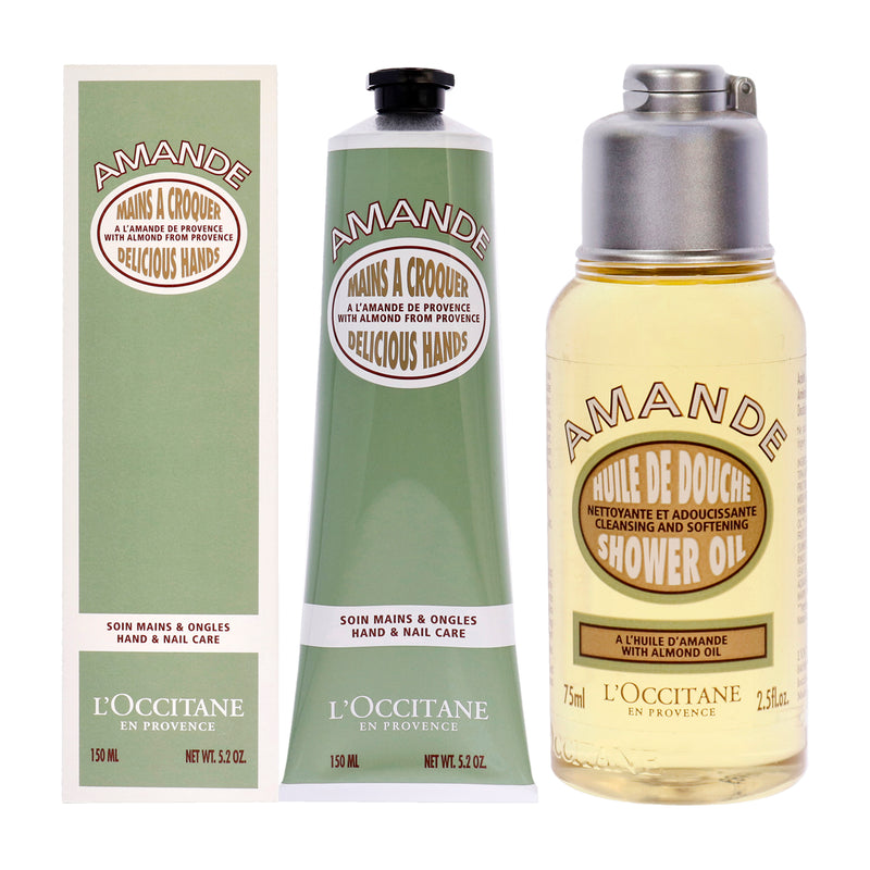 L'Occitane Almond Shower Oil and Almond Delicious Hands Cream Kit by LOccitane for Unisex - 2 Pc Kit 2.5oz Shower Oil, 5.2oz Cream