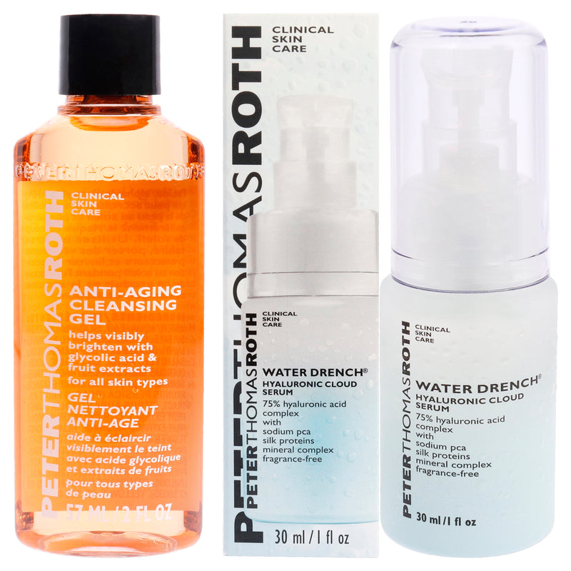 Peter Thomas Roth Water Drench Hyaluronic Cloud Serum and Anti-Aging Cleansing Gel Kit by Peter Thomas Roth for Unisex - 2 Pc Kit 1oz Serum, 5 Pc 0.47oz Blue Marine Algae Intense Hydrating Mask, 0.47oz Pumpkin Enzyme Mask Enzymatic Dermal Resurfacer, 0.47