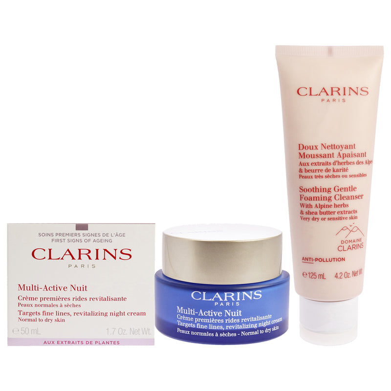 Clarins Multi-Active Night Cream - Normal to Dry Skin and Soothing Gentle Foaming Cleanser Kit by Clarins for Unisex - 2 Pc Kit 1.7oz Cream, 4.2oz Cleanser