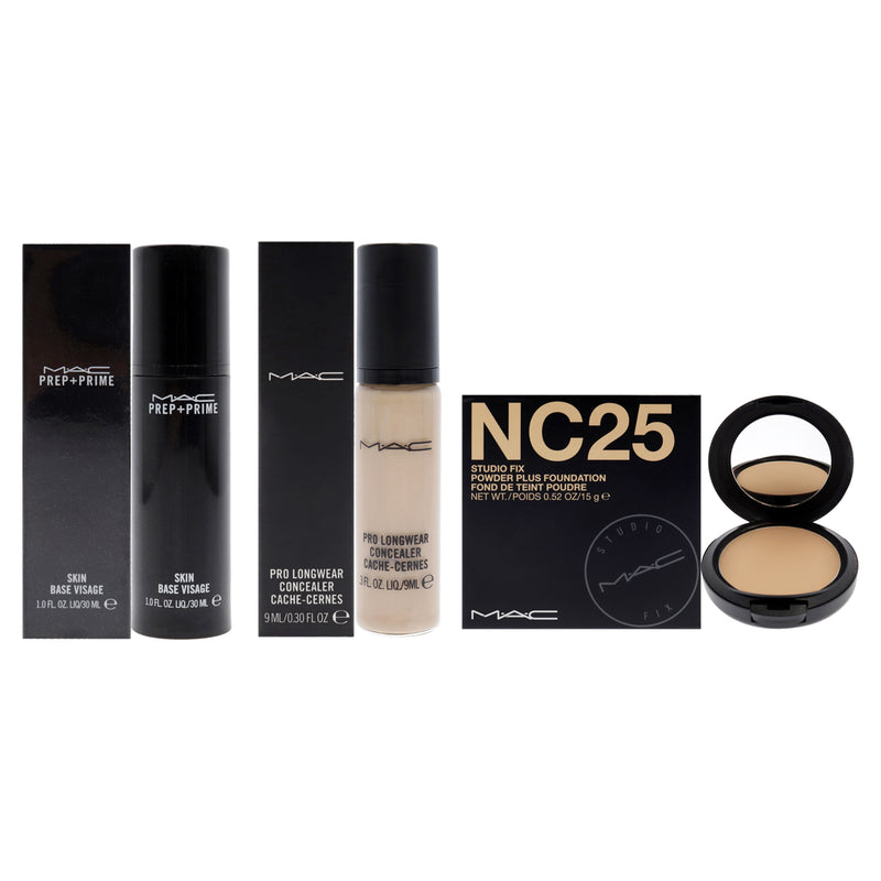 MAC Prep Plus Prime Skin Base - Pro Longwear Concealer - NC15 and Studio Fix Powder Plus Foundation - NC25 Kit by MAC for Women - 3 Pc Kit 1 oz Primer, 0.30 oz Concealer, 0.52 oz Foundation