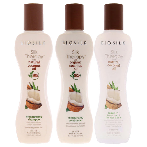 BioSilk Silk Therapy with Organic Coconut Oil Moisturizing Shampoo and Conditioner With Leave-In Treatment Kit by Biosilk for Unisex - 3 Pc Kit 5.64oz Shampoo, 5.64oz Conditioner, 5.64oz Leave-In-Treatment