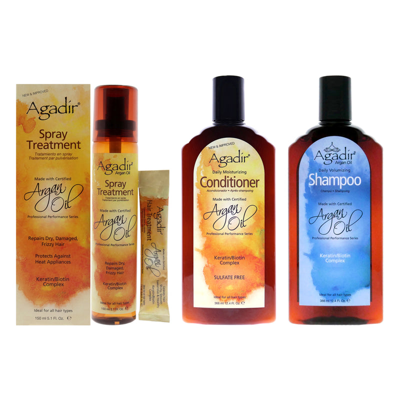 Agadir Argan Oil Argan Oil Daily Volumizing Shampoo and Moisturizing Conditioner With Spray Treatment Kit by Agadir for Unisex - 3 Pc Kit 12.4oz Shampoo, 12.4oz Conditioner, 5.1oz Treatment