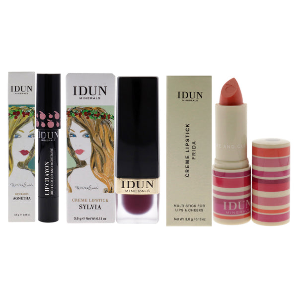 Idun Minerals Creme Lipstick - 206 Sylvia -203 Frida and Lip Crayon - 401 Agnetha Kit by Idun Minerals for Women - 3 Pc Kit 2 x 0.13oz Lipstick, 0.09oz Lipstick