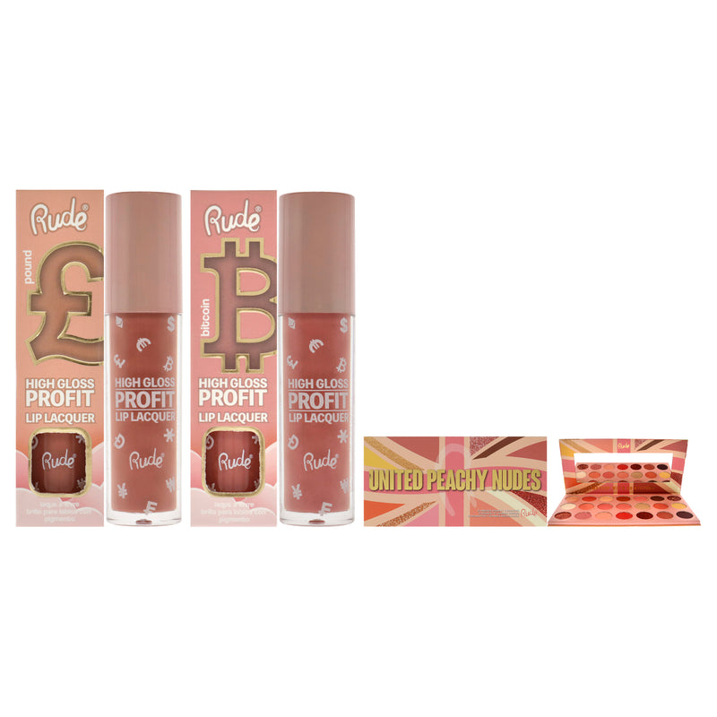 Rude Cosmetics Rude Cosmetics Kit by Rude Cosmetics for Women - 3 Pc Kit 0.74 oz United Peachy Nudes - 21 Pressed Pigment and Shadows Palette, 0.141 oz High Gloss Profit Lip Lacquer - Bitcoin, 0.141 oz High Gloss Profit Lip Lacquer - Pound