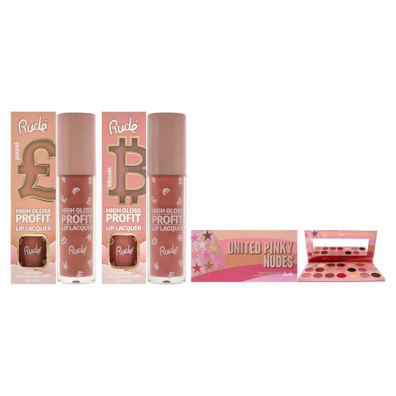 Rude Cosmetics Rude Cosmetics Kit by Rude Cosmetics for Women - 3 Pc Kit 0.74oz United Pinky Nudes - 21 Pressed Pigment and Shadows Palette, 0.141 oz High Gloss Profit Lip Lacquer - Bitcoin, 0.141 oz High Gloss Profit Lip Lacquer - Pound