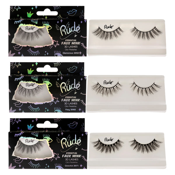 Rude Cosmetics Essential Faux Mink 3D Lashes Kit by Rude Cosmetics for Women - 3 Pc Kit Pair Lashes - Foxy, Pair Lashes - Glamorous, Pair Lashes - Graceful