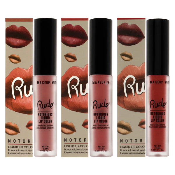 Rude Cosmetics Notorious Rich Long Liquid Lip Color Kit by Rude Cosmetics for Women - 3 Pc Kit 3 X 0.1oz Lip Color - Obscene Gesture, Poison Fruit, Sinister Villain