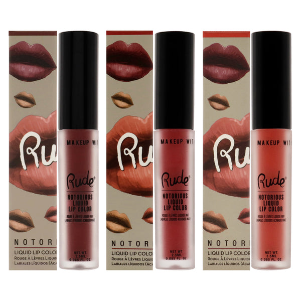 Rude Cosmetics Notorious Rich Long Liquid Lip Color Kit by Rude Cosmetics for Women - 3 Pc Kit 3 X 0.1oz Lip Color - Radical Red, Hell to Pay, Atomic Anger