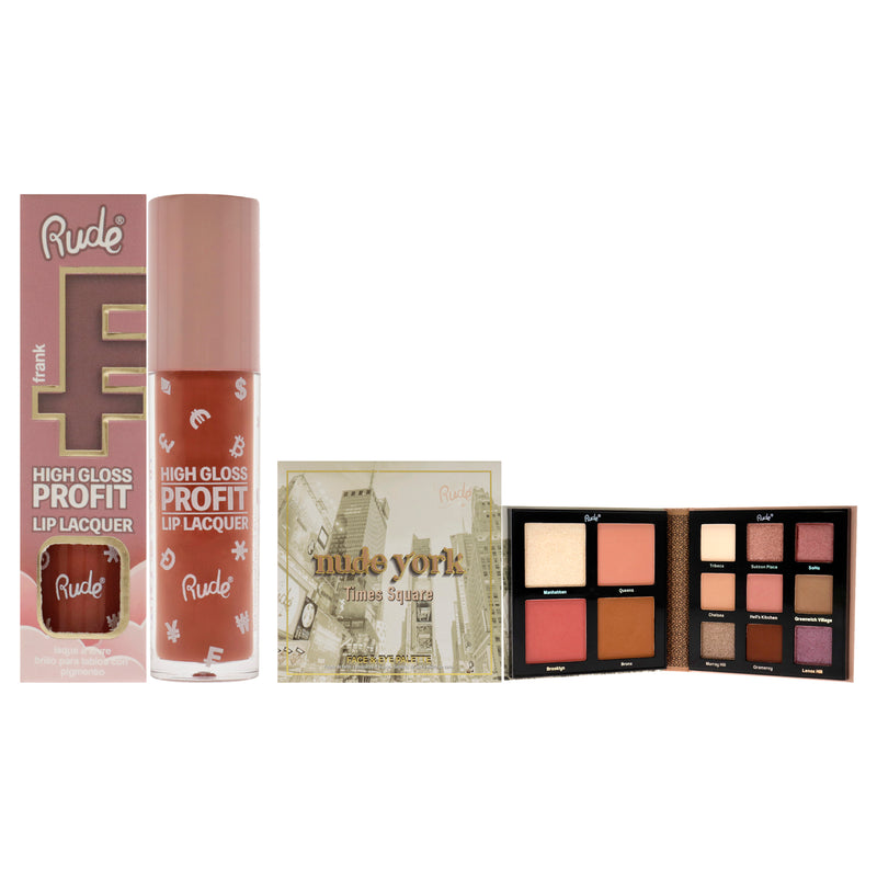 Rude Cosmetics Nude York Face and Eye Palette and High Gloss Profit Lip Lacquer Kit by Rude Cosmetics for Women - 2Pc Kit 0.46oz Eye Palette, 0.141oz Lip Gloss - Frank