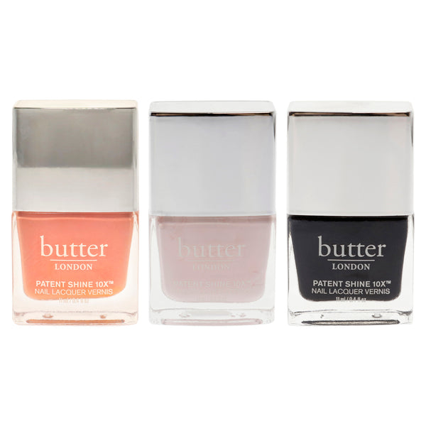 Butter London Patent Shine 10X Nail Lacquer Kit by Butter London for Women - 3 Pc Kit 0.4 oz Nail Polish - Hottie Tottie, 0.4 oz Nail Polish - Sandy Bum, 0.4 oz Nail Polish - Union Jack Black