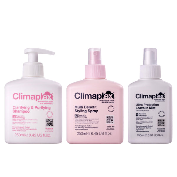 Climaplex Climaplex Clarifying and Purifying Shampoo, Multi Benefit Styling Spray and Climaplex Ultra Protection Leave-In Mist Kit by Climaplex for Unisex - 3 Pc Kit 8.45 oz Shampoo, 8.45oz Spray, 5.07oz Mist