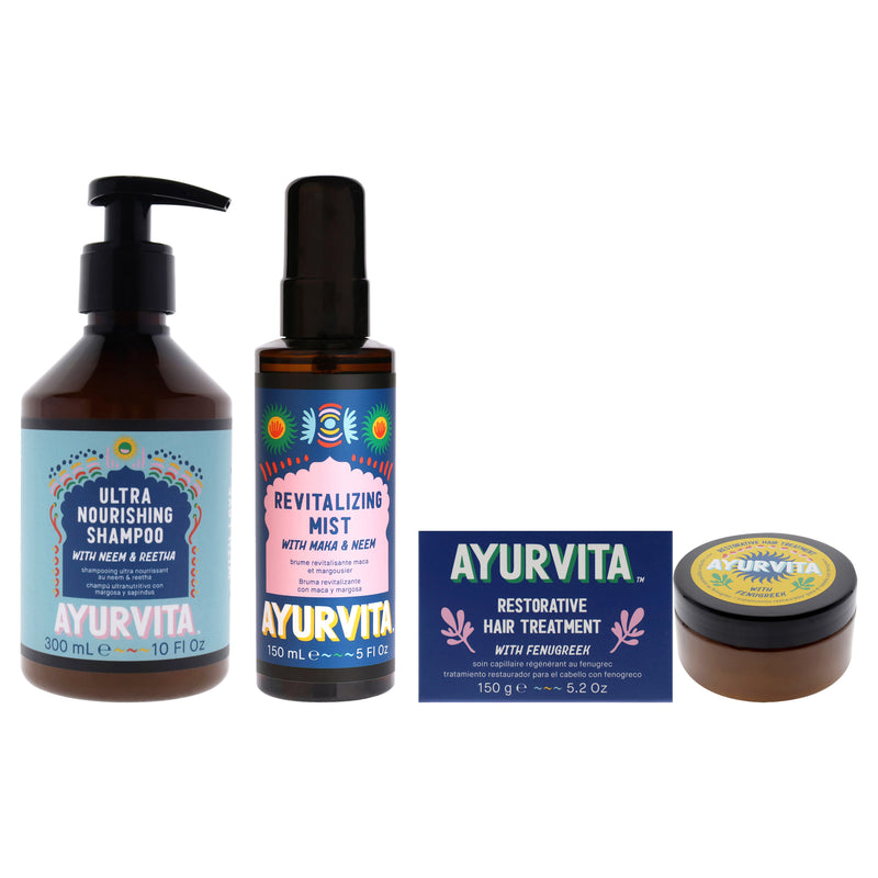 AyurVita Restorative Hair Treatment With Fenugreek - Neem and Reetha Ultra Nourishing Shampoo with Maka and Neem Revitalizing Mist Kit by AyurVita for Unisex - 3 Pc Kit 5.2oz Treatment, 10oz Shampoo, 5oz Mist