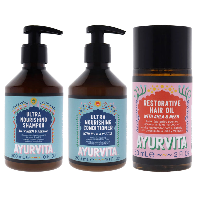 AyurVita Neem and Reetha Ultra Nourishing Conditioner and Shampoo with Amla and Neem Restorative Hair Oil Kit by AyurVita for Unisex - 3 Pc Kit 10oz Conditioner, 10oz Shampoo, 2oz Oil