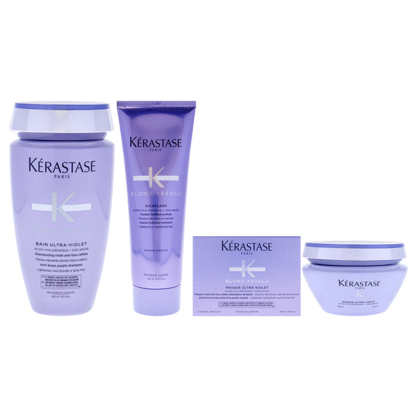 Kerastase Blond Absolu Kit by Kerastase for Unisex - 3 Pc Kit 8.5oz Blond Absolu Bain Ultra-Violet Shampoo, 8.5oz Blond Absolu Cicaflash Conditioner, 6.8oz Blonde Absolu Ultra Violet Masque