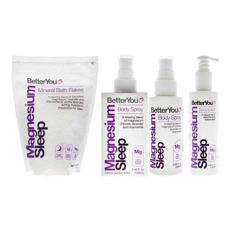 BetterYou BY Adult Sleep Bundle Kit by BetterYou for Unisex - 3 Pc Kit 35.2oz Magnesium Sleep Bath Salt, 6.08oz Magnesium Sleep Body Lotion, 3.38oz Magnesium Sleep Body Spray