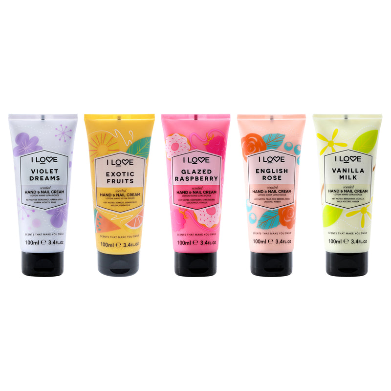 I Love Cosmetics Hand and Nail Cream Bundle Kit by I Love Cosmetics for Women - 5 Pc Kit 3.4oz Scented Hand and Nail Cream - Glazed Raspberry, 3.4oz Scented Hand and Nail Cream - Violet Dreams, 3.4oz Scented Hand and Nail Cream - English Rose, 3.4oz Scent