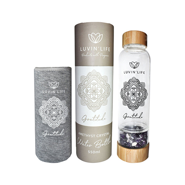 Luvin Life Luvin' Life Water Bottle Amethyst Crystals & Bamboo 'Gratitude' (Includes Sleeve) 550ml
