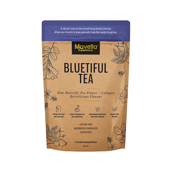 Mavella Superfoods Bluetiful Tea Blue Butterfly Pea Flower + Collagen Berrylicious Flavour x 25 Tea Bags