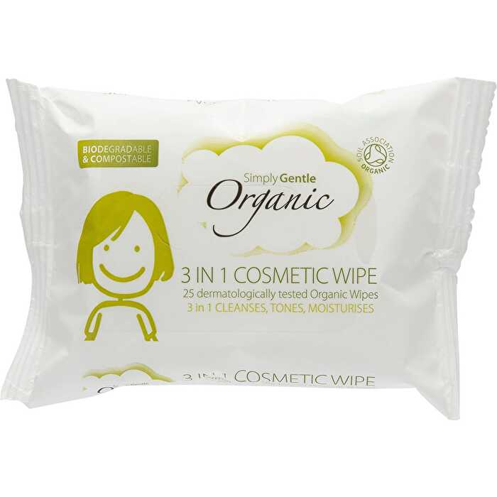 Simply Gentle Organic 3 in 1 Cosmetic Wipe Cleanses, Tones, Moisturises 25pk