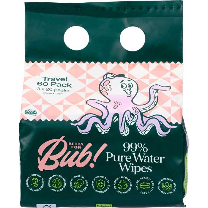 The Betta Company Betta For Bub 99% Pure Water Baby Wipes Travel 60pk