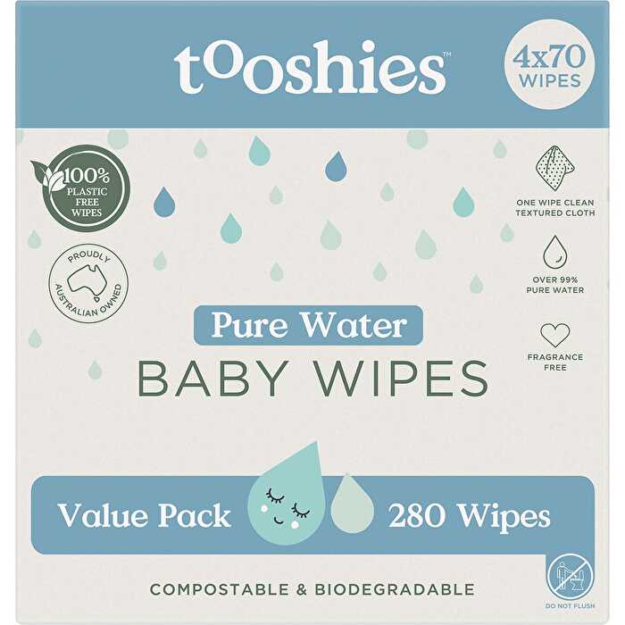 Tooshies Pure Water Baby Wipes Value Pack 4x70pk