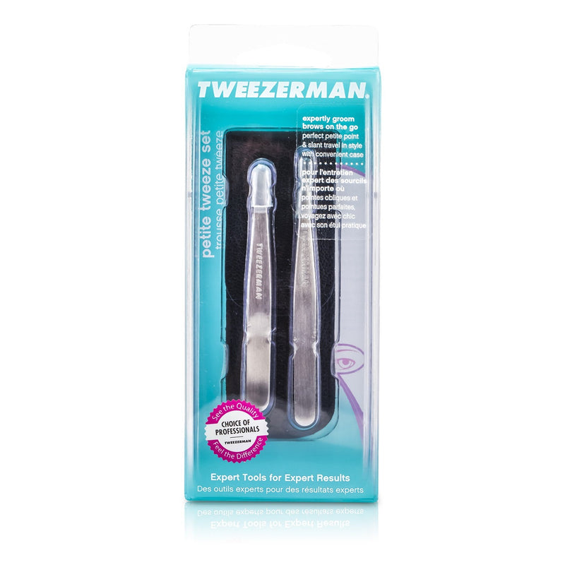 Tweezerman Petite Tweeze Set: Slant Tweezer + Point Tweezer - (With Black Leather Case) 