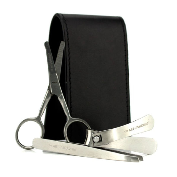 The Art Of Shaving Manicure Set: Nail Clipper + Nose Hair Scissors + Tweezers + Black Leather Pouch 