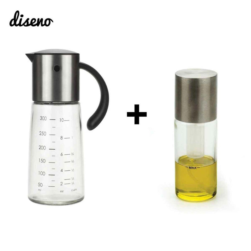diseno Glass Stainless Steel Gravity Oil & Vinegar Dispenser 300ml & Speayer 70ml Set  Fixed Size