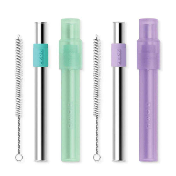 ZOKU Stainless Steel Reusable Bubble Tea Pocket Straw 2 Set Combo (Purple, Teal)  Fixed Size