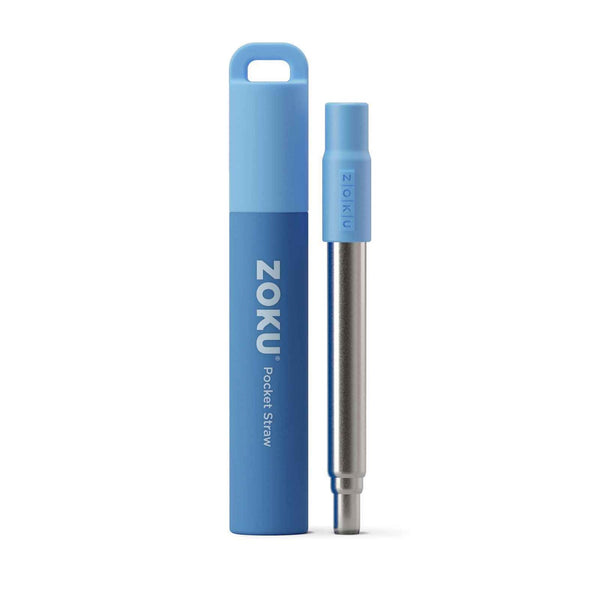 ZOKU Stainless Steel Reusable Pocket Straw  (Carrying Case & Cleaning Brush Included) - Blue  Fixed Size