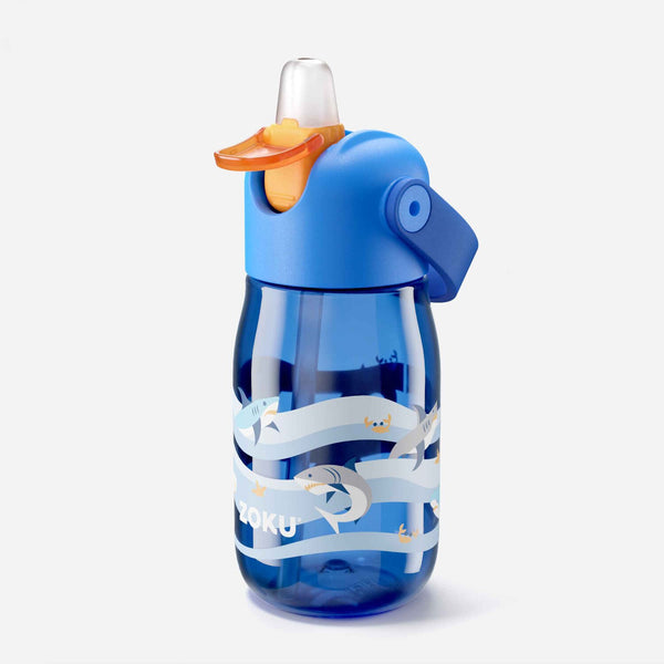 ZOKU Kids Flip Straw Bottle  400ml - Blue Shark (Straw Cleaning Brush Included)  Fixed Size