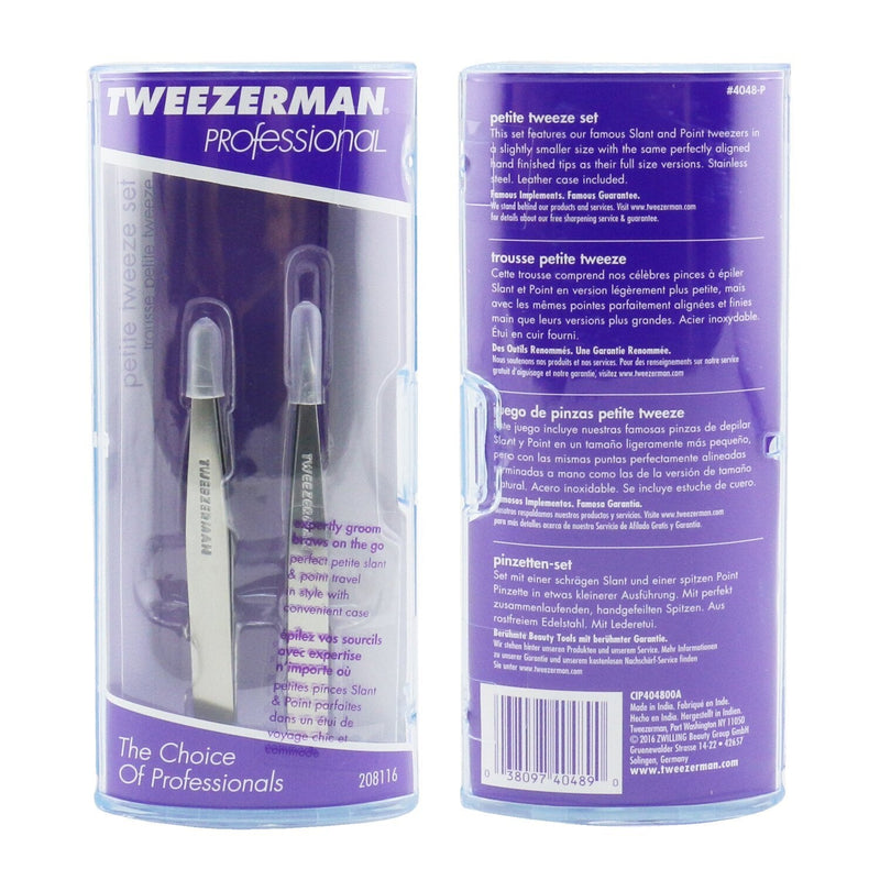 Tweezerman Professional Petite Tweeze Set: Slant Tweezer + Point Tweezer - (With Lavendar Leather Case)  2pcs